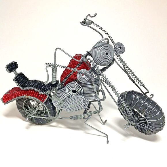 Handmade Seed Bead Beaded Wire Motorcycle Sculpture Folk Art Decor Gift - Picture 1 of 10